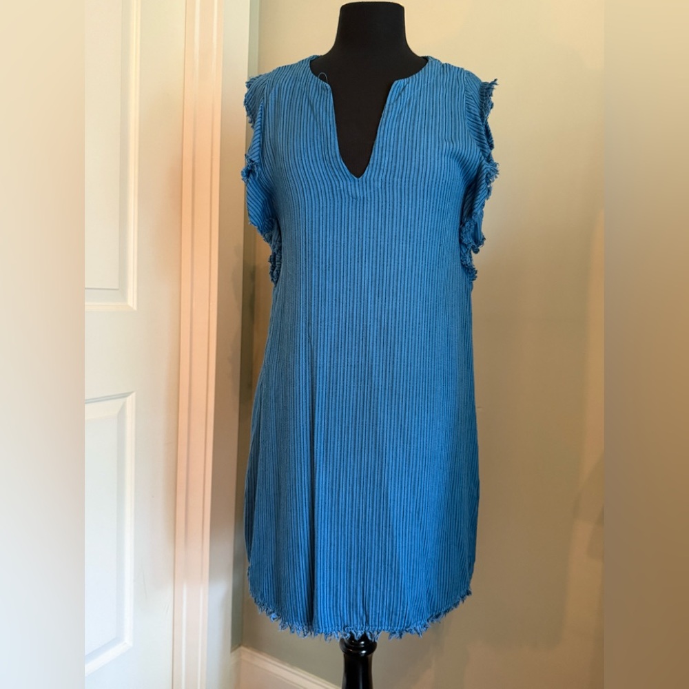 Maven West Blue Ribbed Ruffled Tunic
